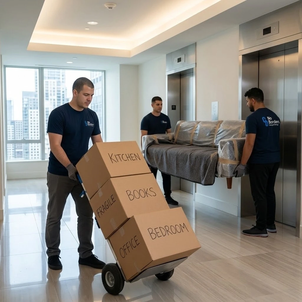 professional movers moving furniture through elevator in Jersey City high rise apartment building