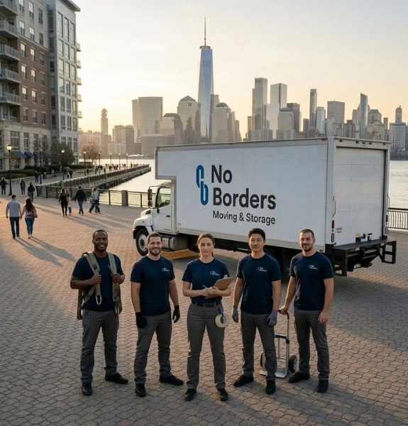 No Borders Moving & Storage professional moving team with branded truck at Jersey City waterfront serving homes apartments and local businesses