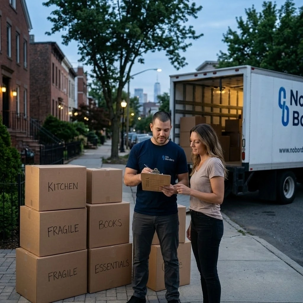 professional mover discussing moving details with customer in Jersey City during a residential move